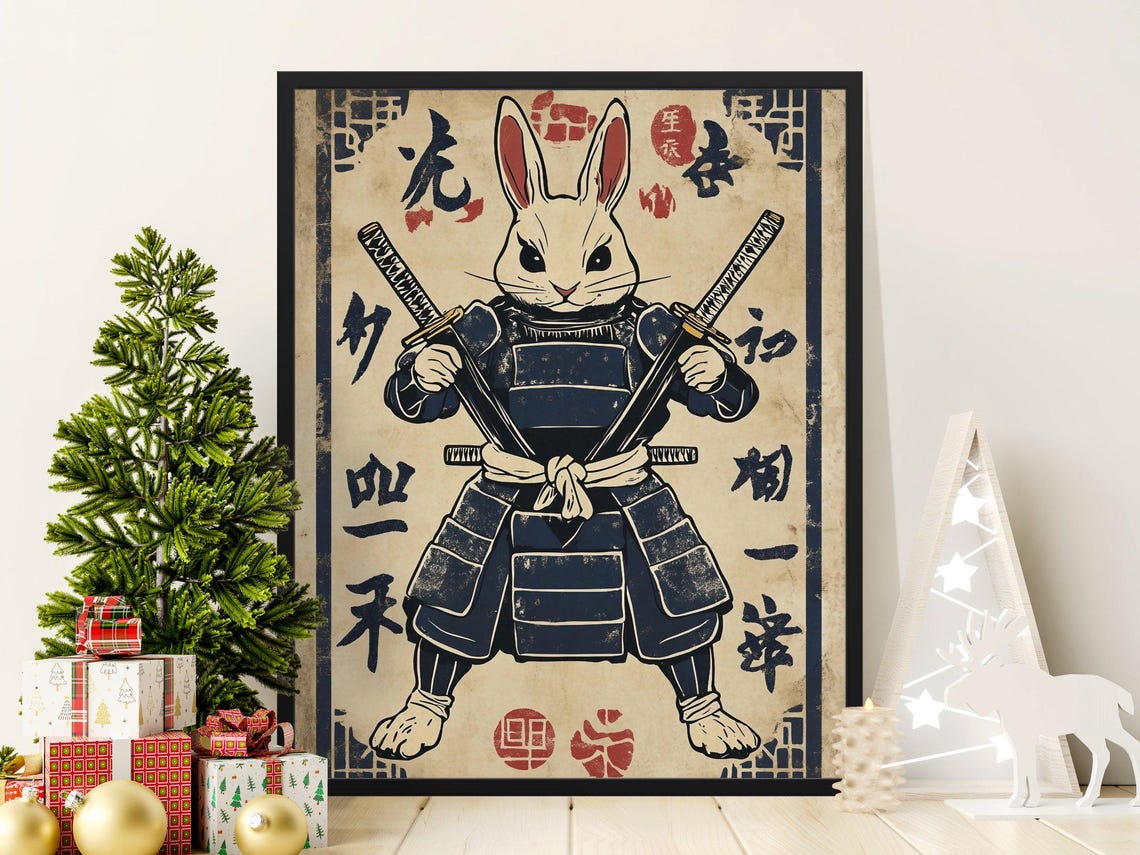 Samurai Rabbit Warrior Vintage Japanese Dual Sword Bunny Wall Poster