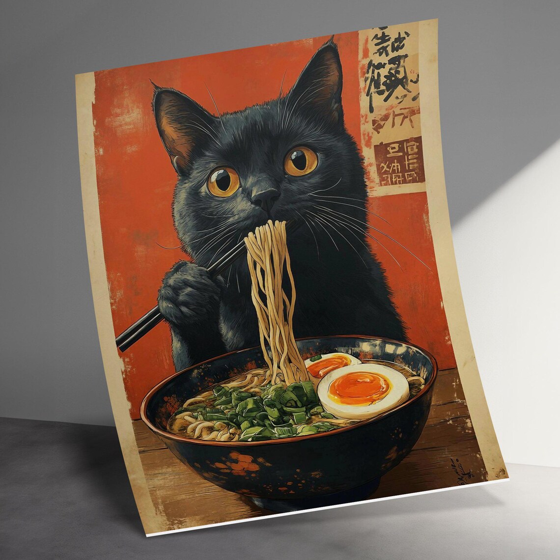 Cute Black Cat Eating Ramen Chopsticks Red Japanese Vintage Food Poster - Image 3