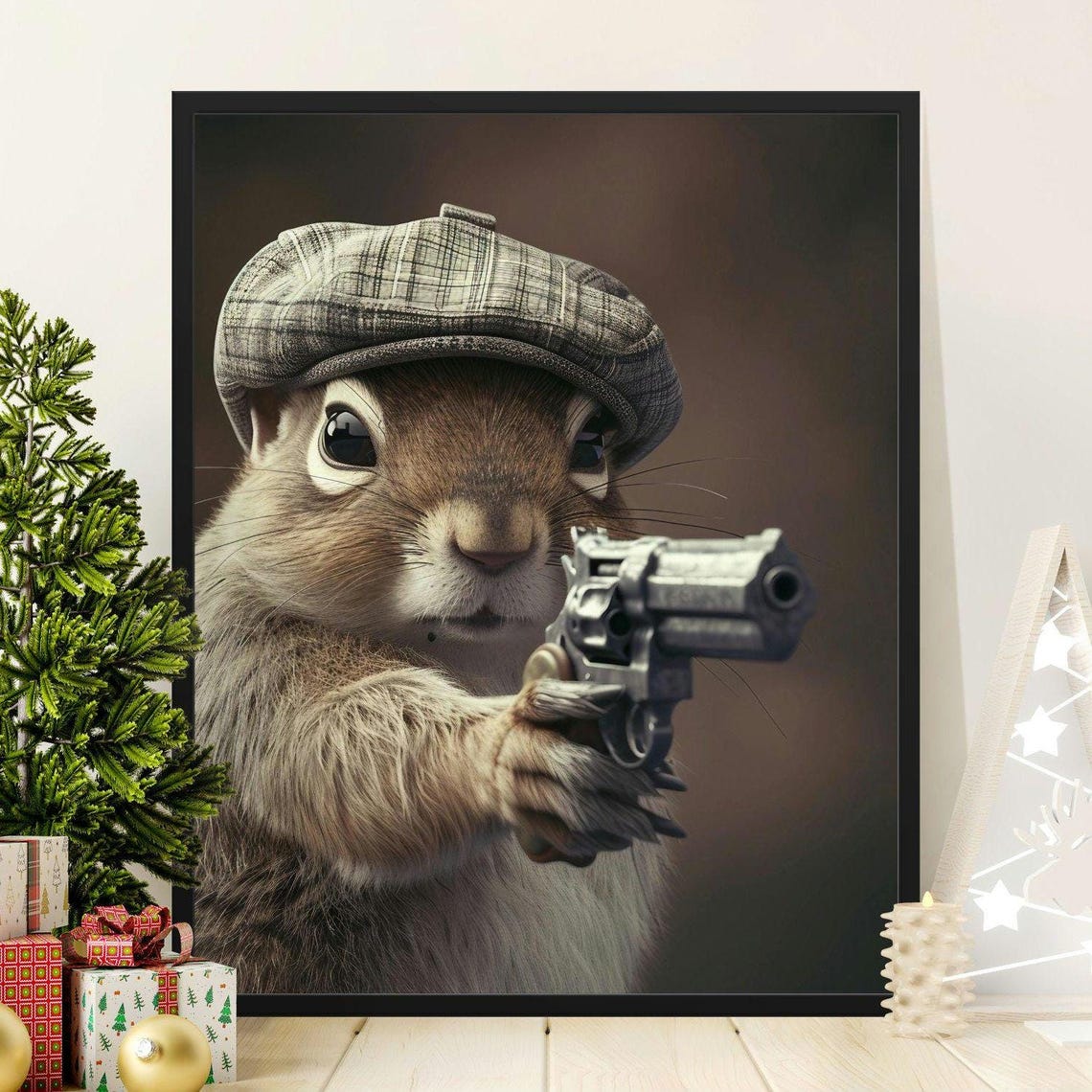 Squirrel in a Flat Cap Holding a Revolver Funny Portrait Poster