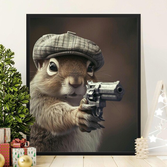 Squirrel in a Flat Cap Holding a Revolver Funny Portrait Poster