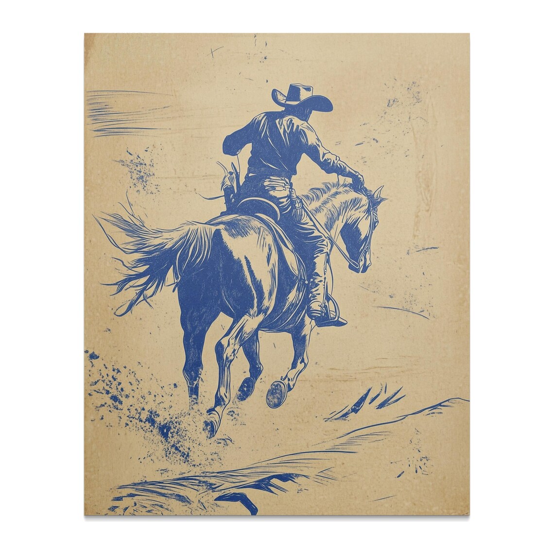 Cowboy Riding Galloping Horse Blue Ink Sketch Western Poster - Image 2