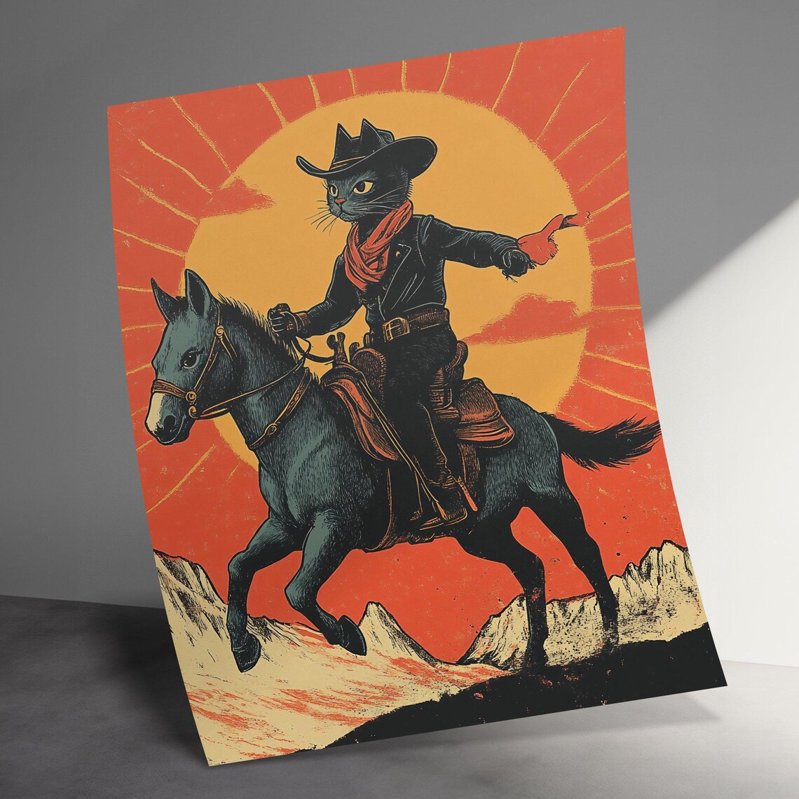 Cowboy Black Cat Riding Horse Sunset Retro Western Funny Cat Poster - Image 3