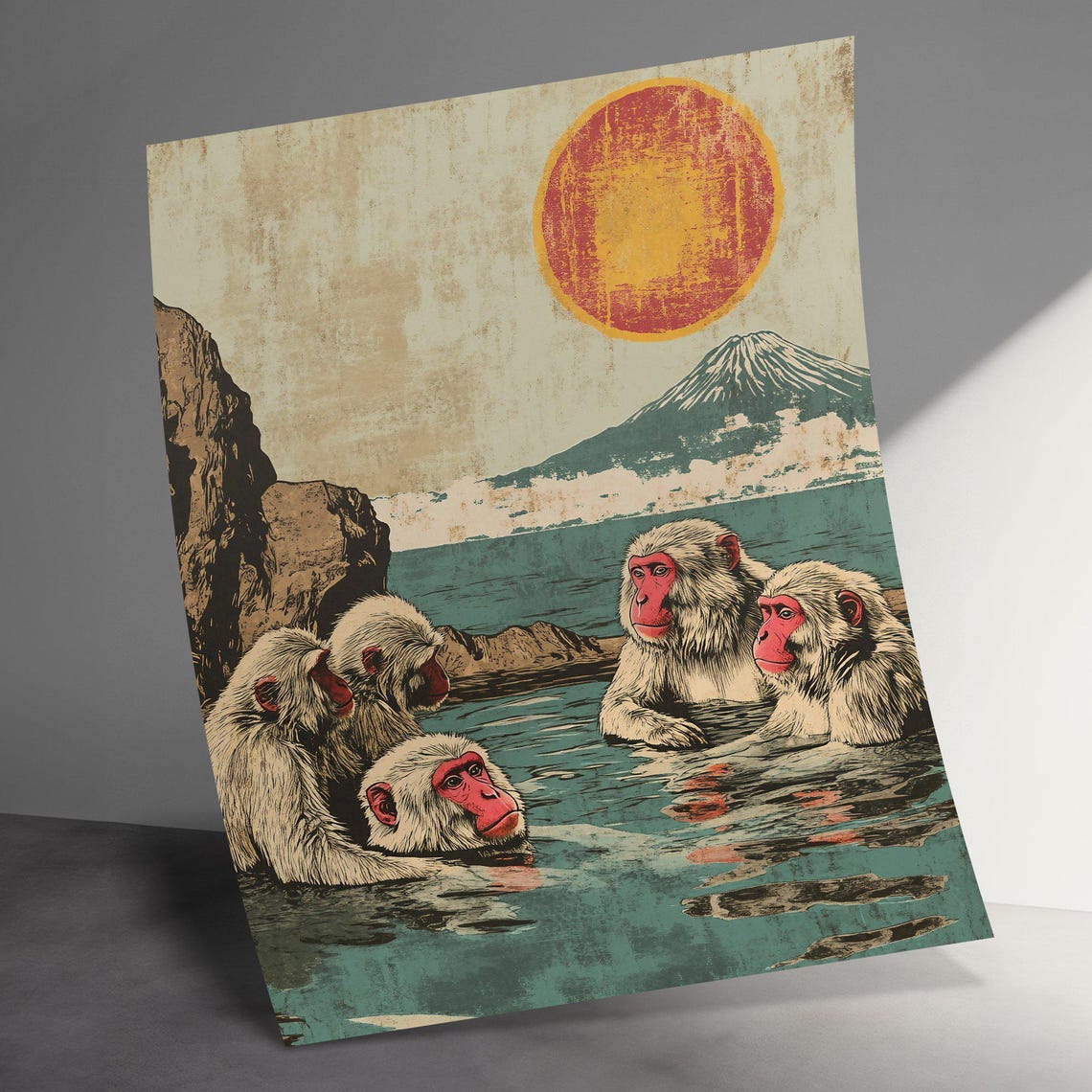 Snow Monkeys Bathing Ocean Orange Sun Mount Fuji Retro Art Poster - Image 2