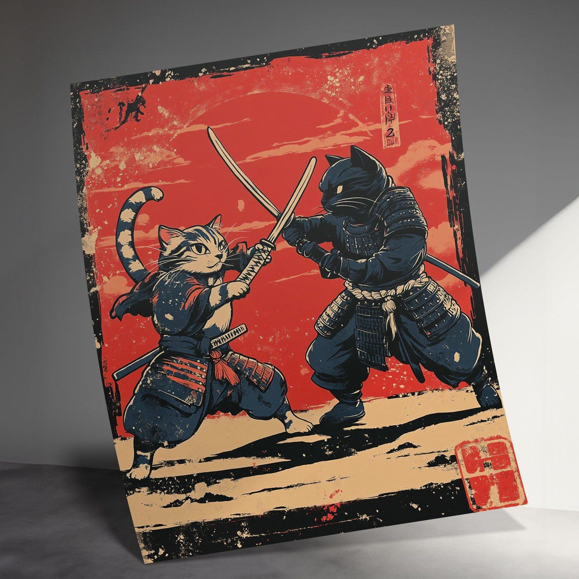 Dueling Samurai Cats Katana Battle Red Sun Japanese Warrior Poster - Image 3