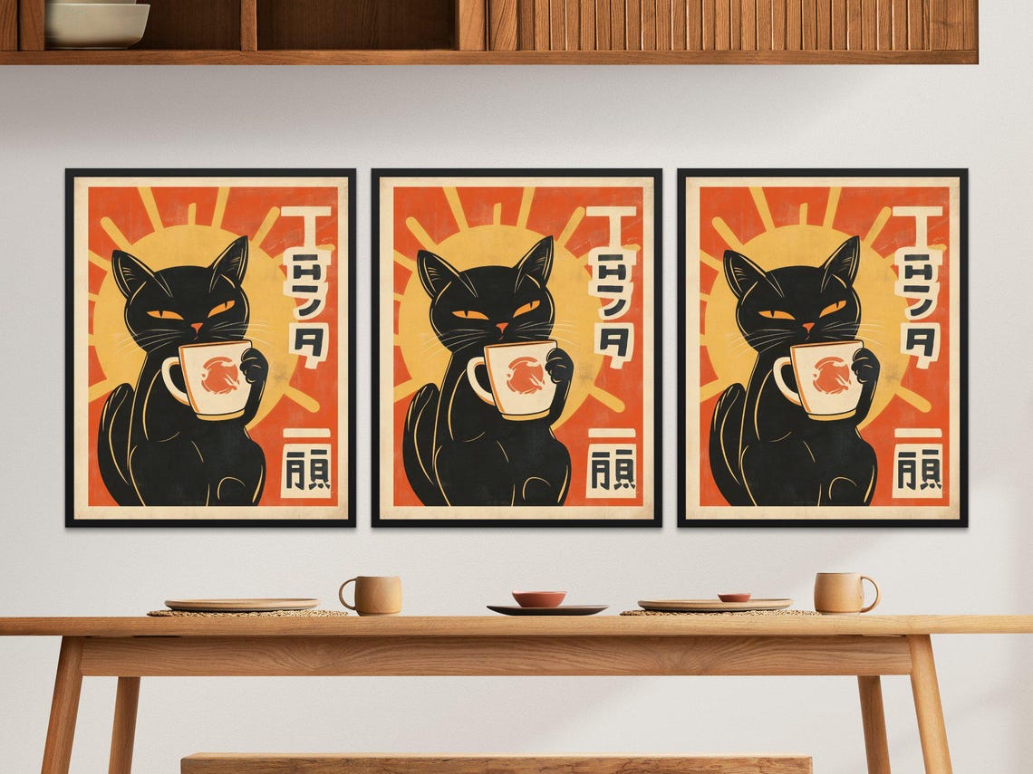 Retro Black Cat Drinking Coffee Morning Sun Vintage Japanese Poster - Image 2