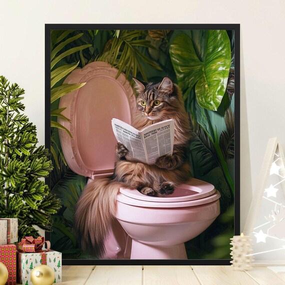 Long Haired Cat Reading Newspaper On Pink Toilet Tropical Wall Art