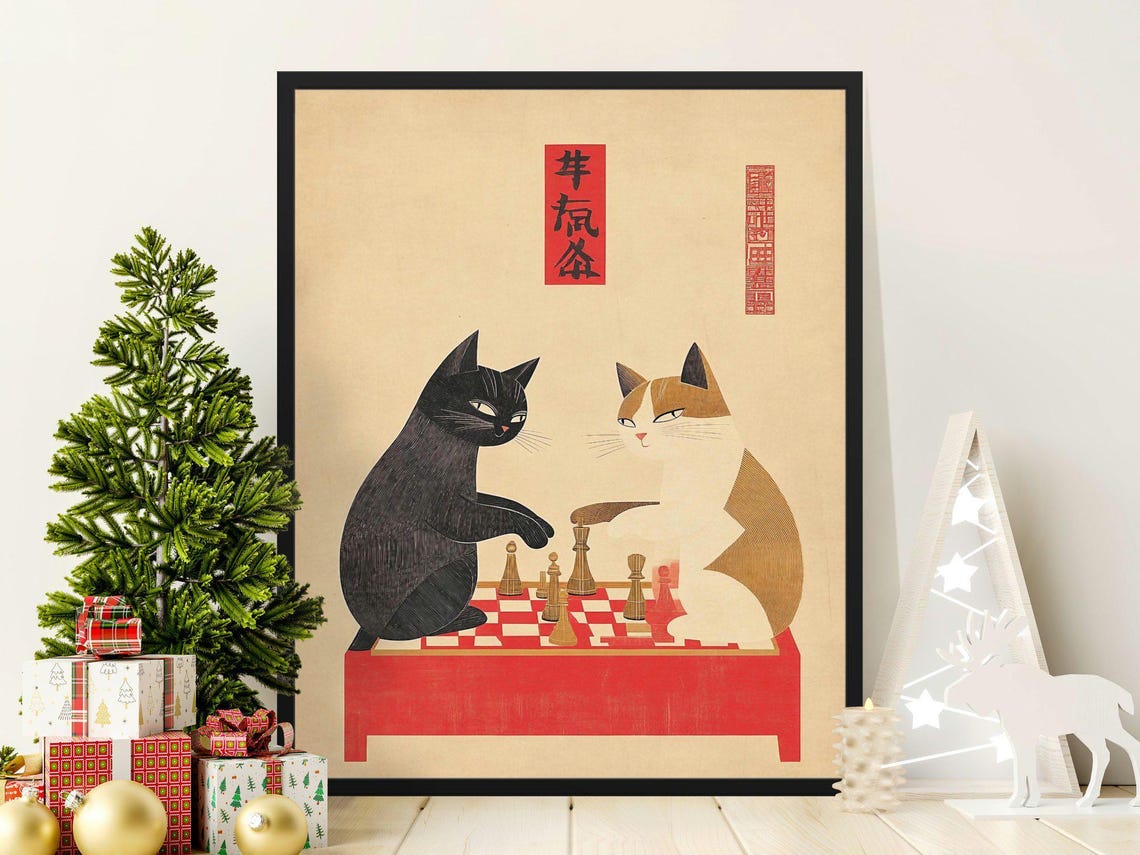 Two Cats Playing Chess At Red Table Vintage Game Room Poster