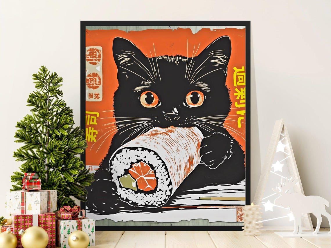 Black Cat Eating Giant Sushi Roll Retro Japanese Orange Poster - Image 2