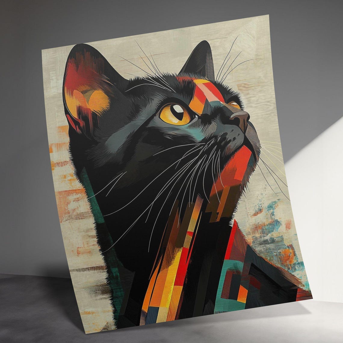Abstract Geometric Black Cat Portrait Modern Colorful Feline Wall Art - Image 3