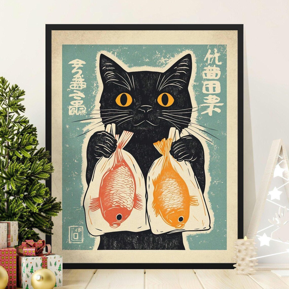 Black Cat Holding Two Koi Fish Bags Cute Japanese Style Retro Art Poster