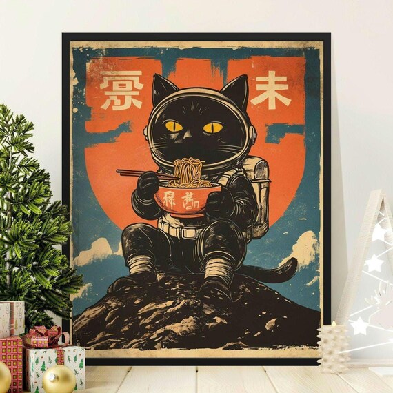 Astronaut Cat Eating Ramen On The Moon Retro Japanese Space Art Poster