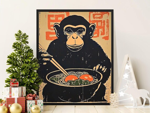 Monkey Eating Ramen Bowl Japanese Style Cute Kitchen Wall Art Poster