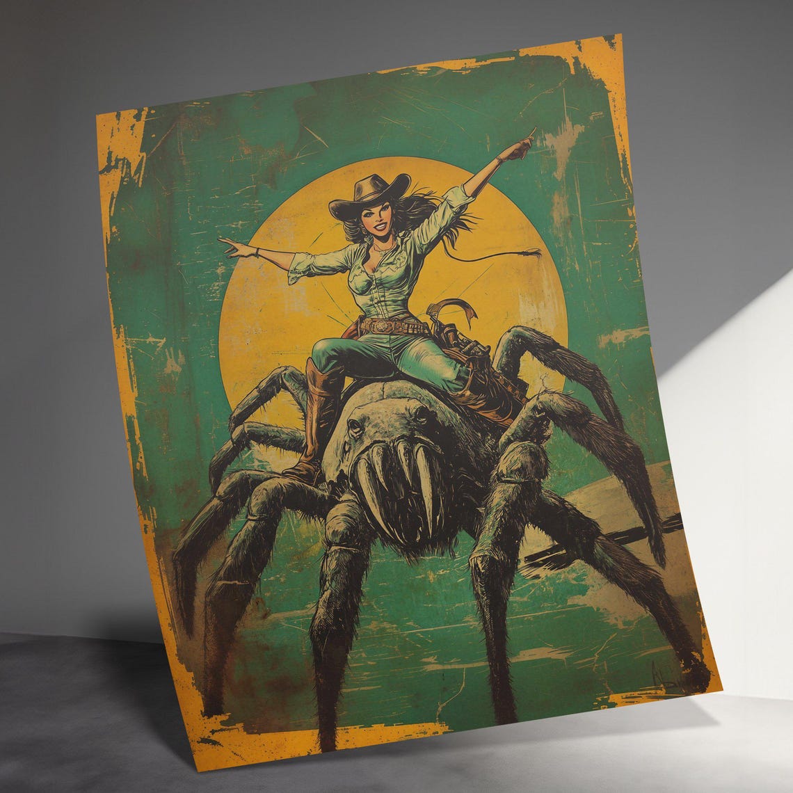 Vintage Cowgirl Riding Giant Spider Green Sun Comic Western Art Poster - Image 3