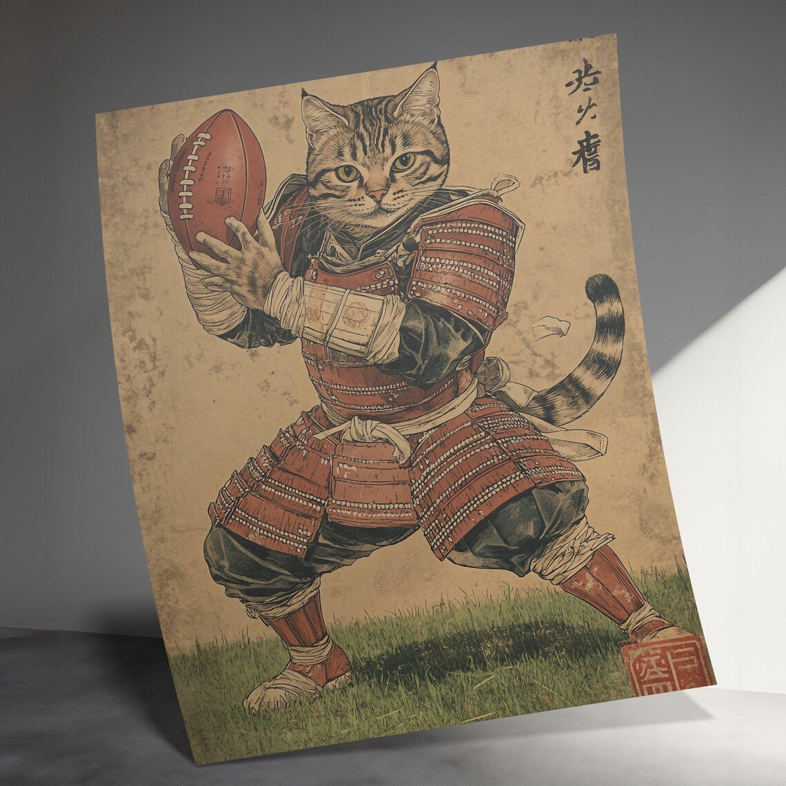 Samurai Armor Cat Carrying Football Vintage Japanese Sports Humor Poster - Image 3