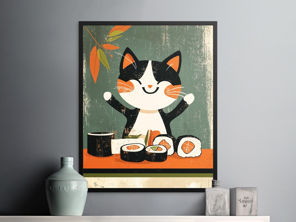Happy Cat Sushi Party Mid Century Modern Cute Cartoon Kitchen Art Poster - Image 2