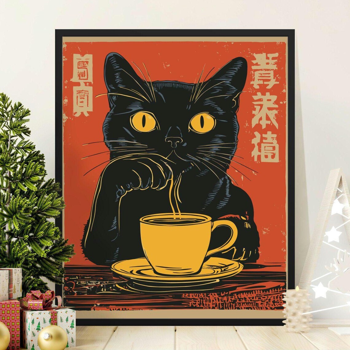 Black Cat Sipping Tea Golden Cup Red Retro Japanese Wall Art Poster