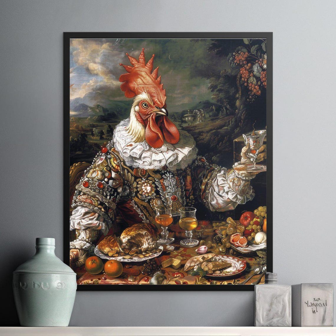 Baroque Rooster King Feasting Opulent Aristocratic Poultry Art Poster