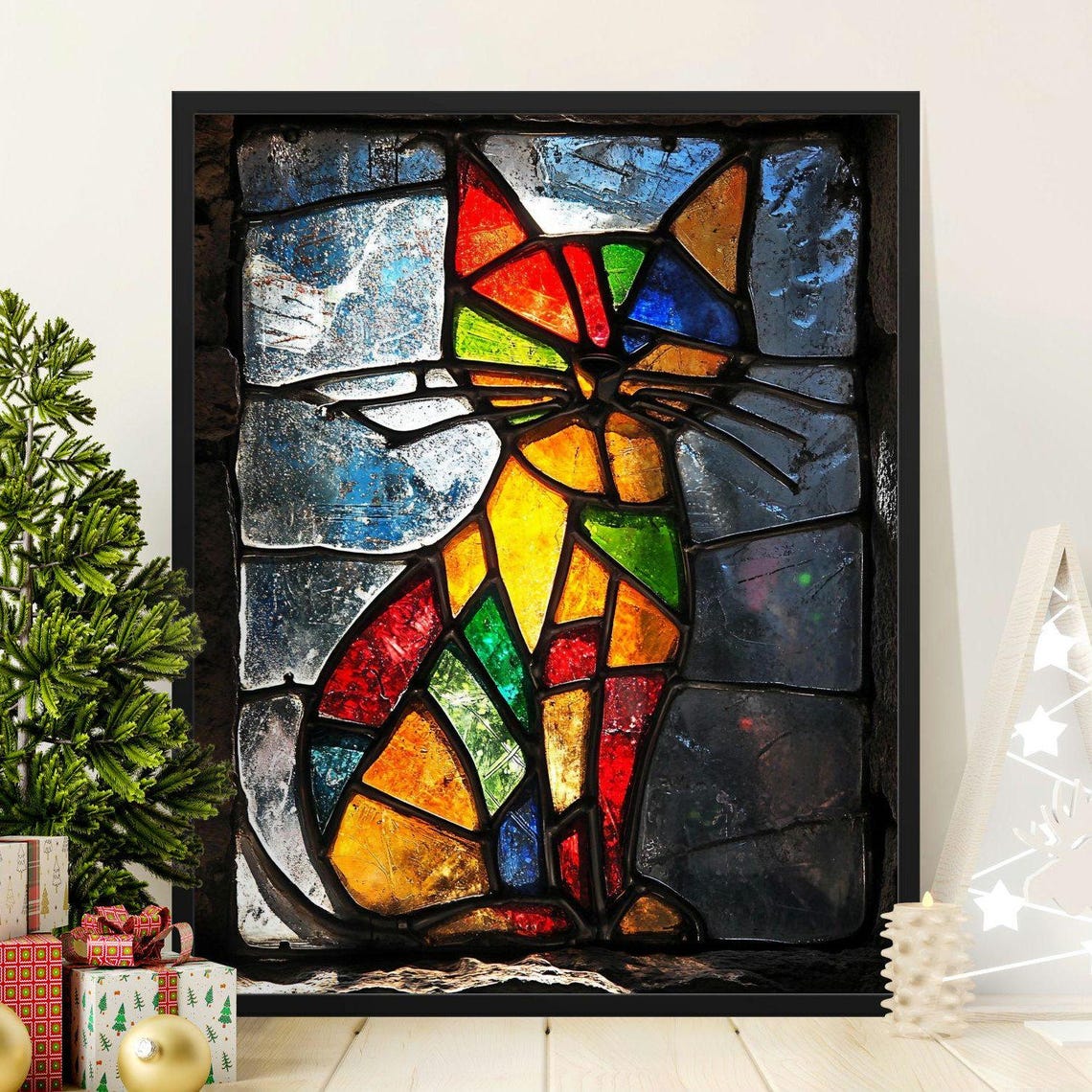 Rainbow Stained Glass Cat Silhouette Colorful Window Art Wall Poster