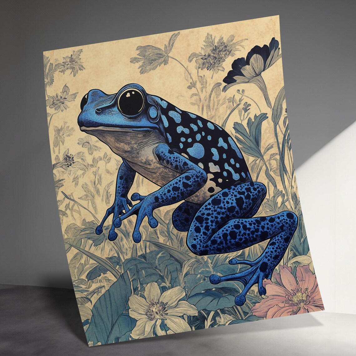 Blue Poison Dart Frog Tropical Flowers Botanical Wildlife Wall Art Poster - Image 3