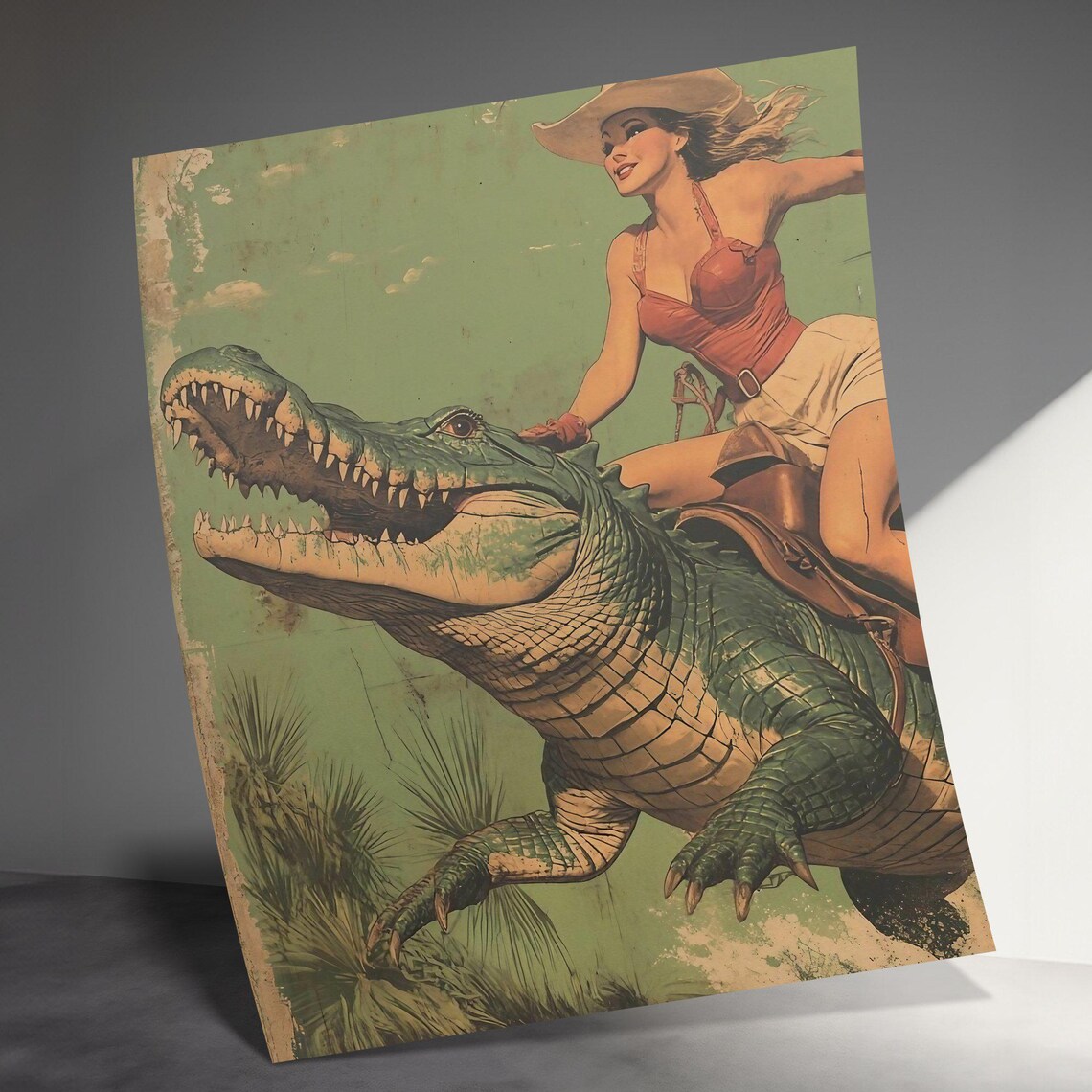Vintage Cowgirl Riding Alligator Art Print, Retro Western - Image 3