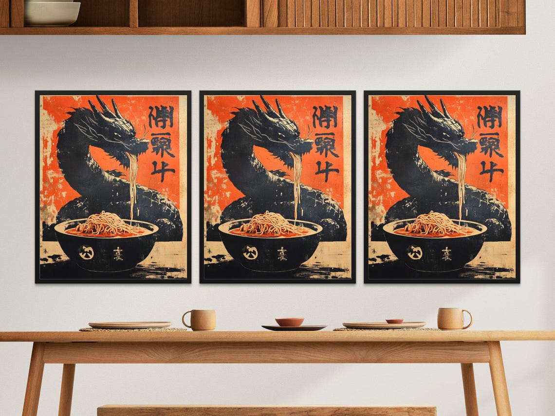 Hungry Dragon Eating Noodles Vintage Japanese Orange Art Poster - Image 2