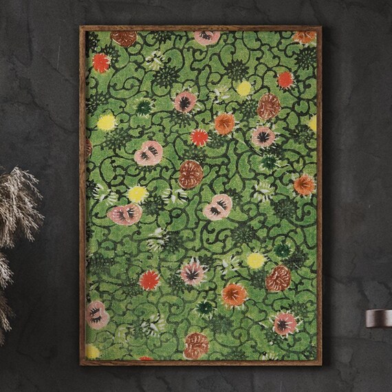 Green Japanese Kimono Floral Pattern Vintage Textile Botanical Poster