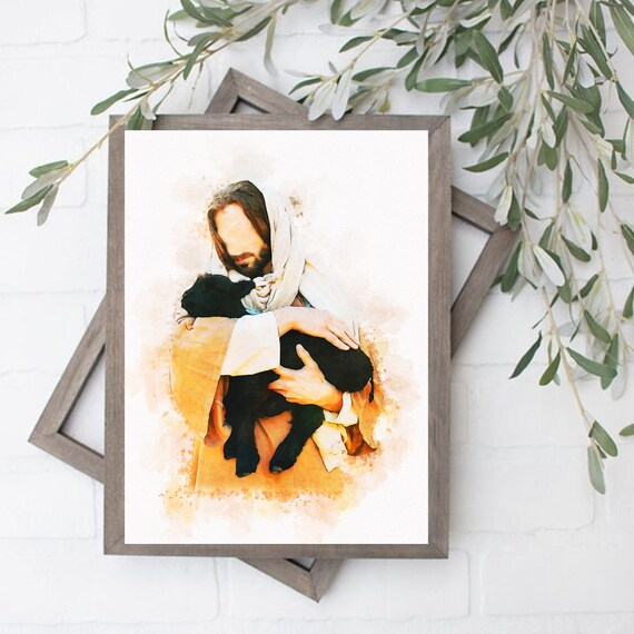Jesus the Good Shepherd Holding Lamb Watercolor Faith Wall Poster