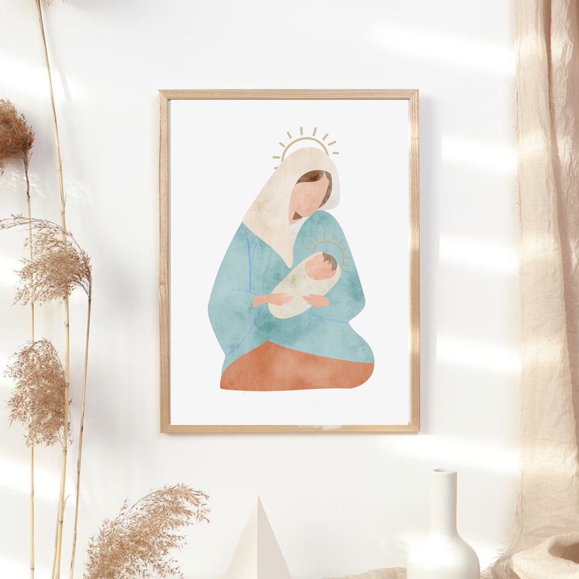 Virgin Mary Holding Baby Jesus Minimalist Religious Art Poster