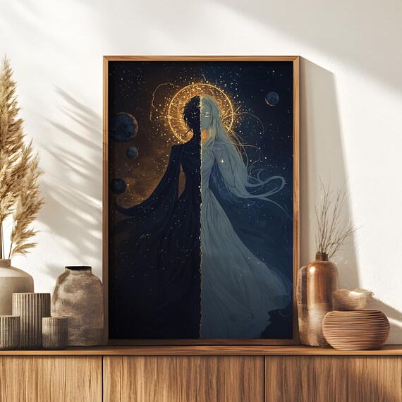 Celestial Goddess Gold Halo Dark Blue Cosmic Portrait Poster