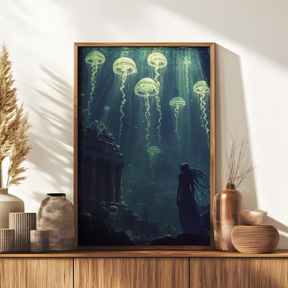 Ancient Depths Art Print Underwater Ruins Glowing Jellyfish Mystical Ocean Fantasy