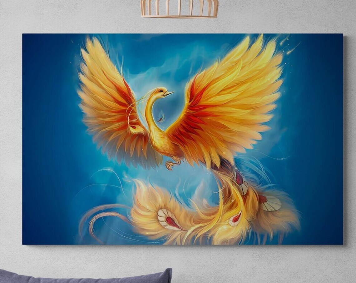 Golden Phoenix Rising Against Deep Blue Sky Mythology Art Poster - Image 3