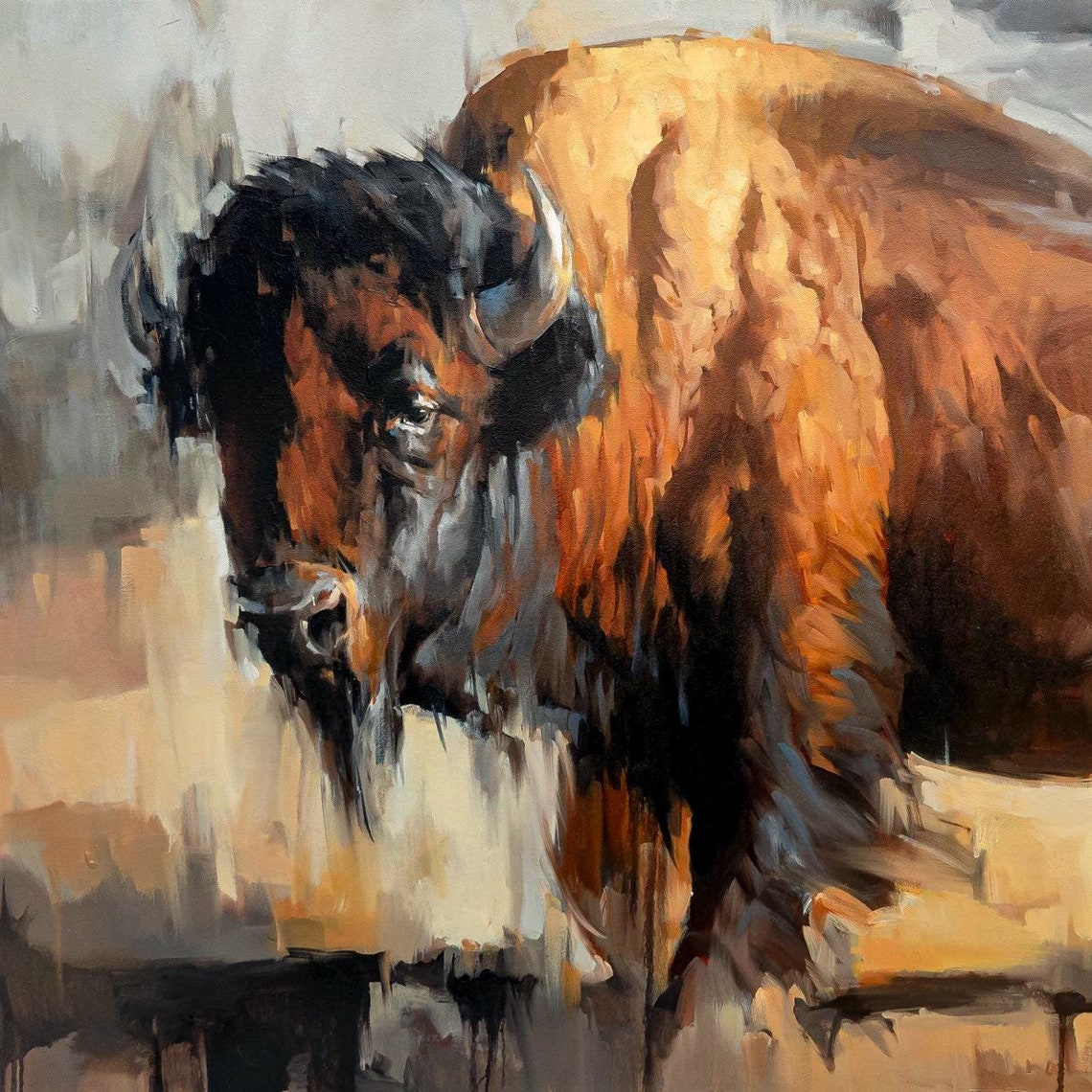 Majestic Bison Side Profile in Earthy Tones Rustic Wildlife Poster