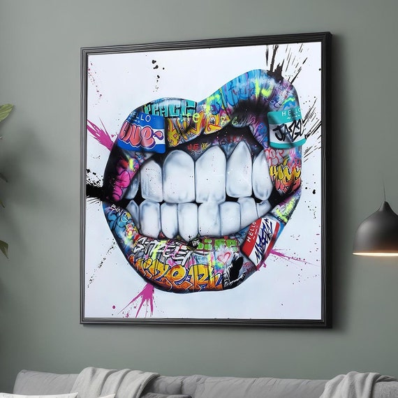 Vibrant Graffit Teeth And Lips Wall Art Bold Street Art Pop Culture Print With Colorful Urban Art Modern Art Ready To Hang Decor