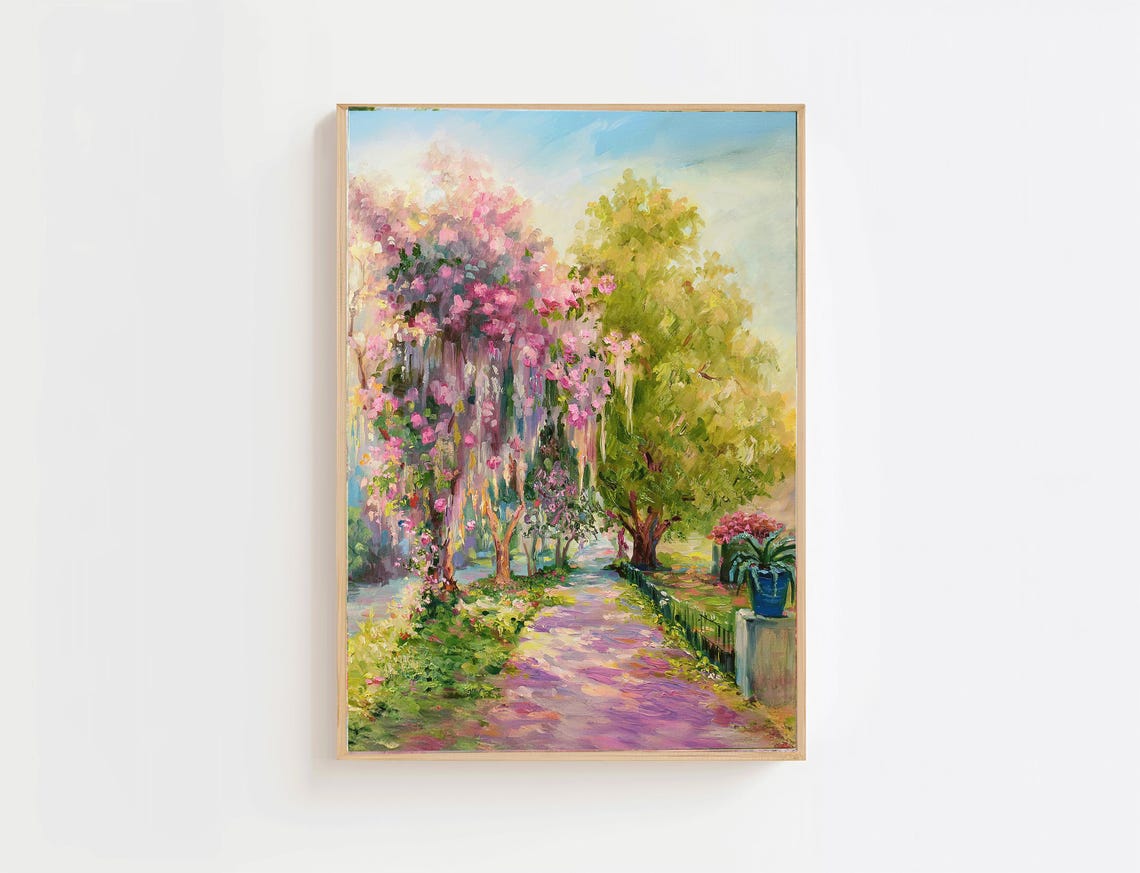 Pink Flowering Trees Garden Path Impressionist Pastel Landscape Poster