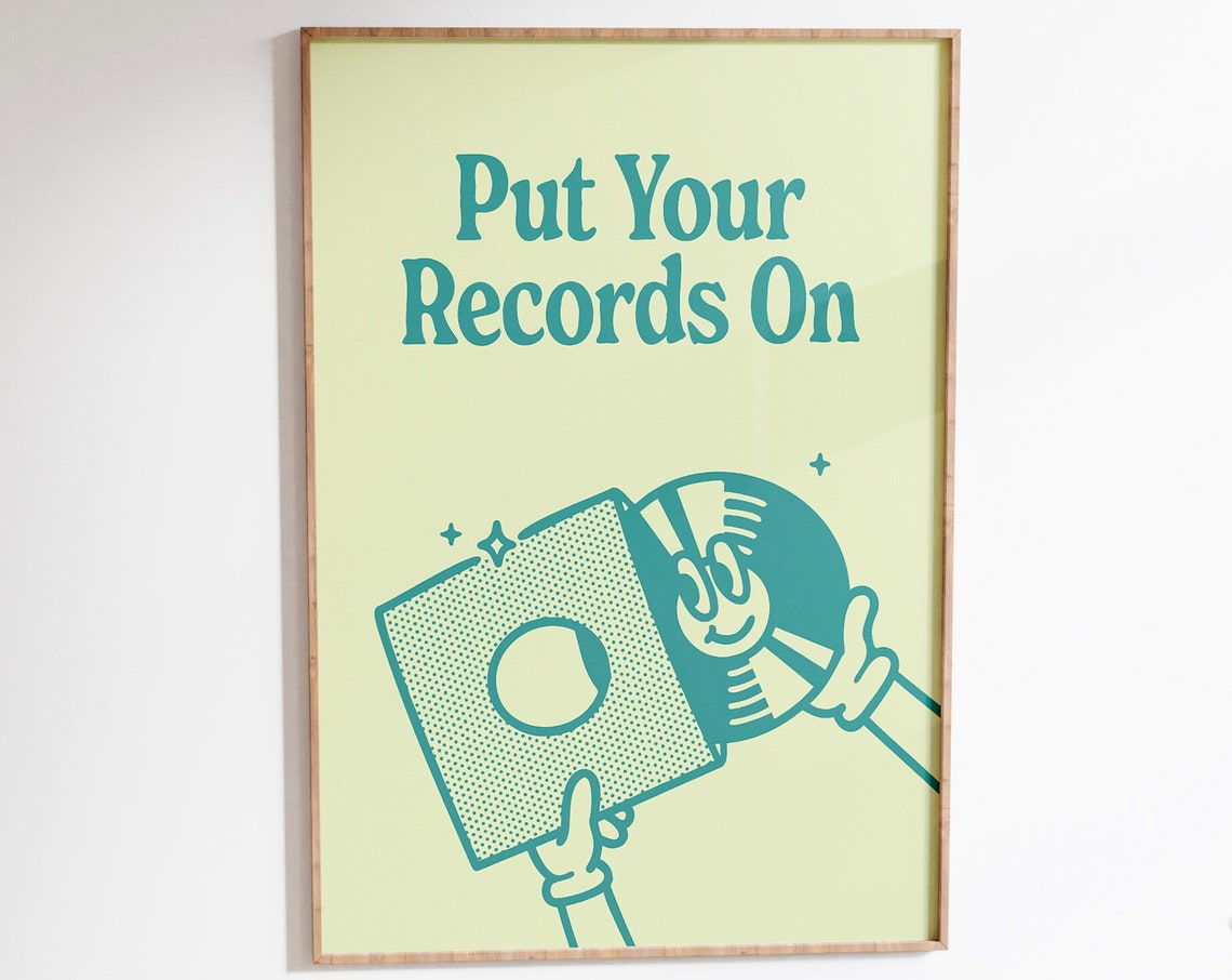 Put Your Records On Retro Vinyl Teal Typography Music Poster