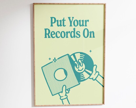 Put Your Records On Retro Vinyl Teal Typography Music Poster