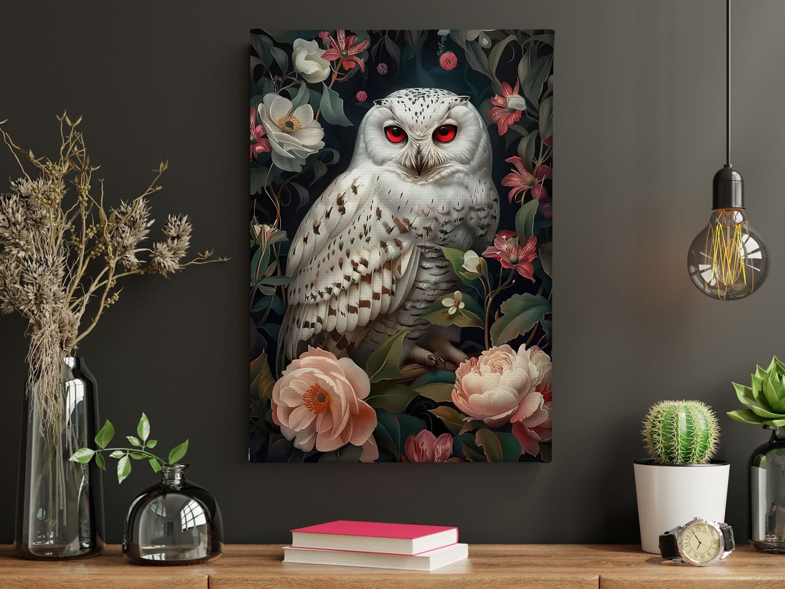 White Owl Red Eyes Gothic Floral Moody Dark Botanical Art Poster - Image 3
