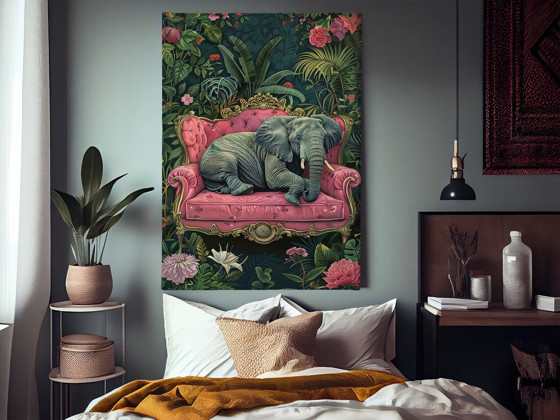 Tropical Elephant On The Sofa, Animal Wall Art Print - Image 4