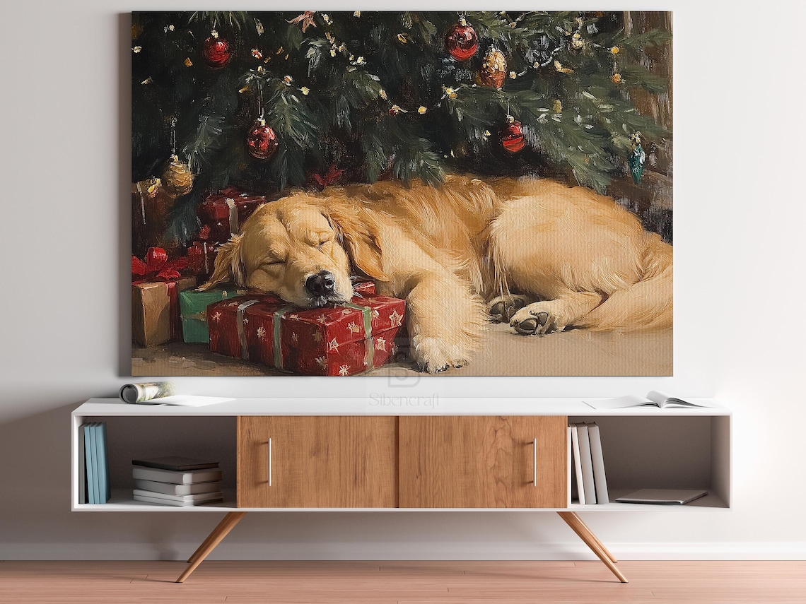 Golden Dog Sleeping Christmas Poster Art Print - Image 3