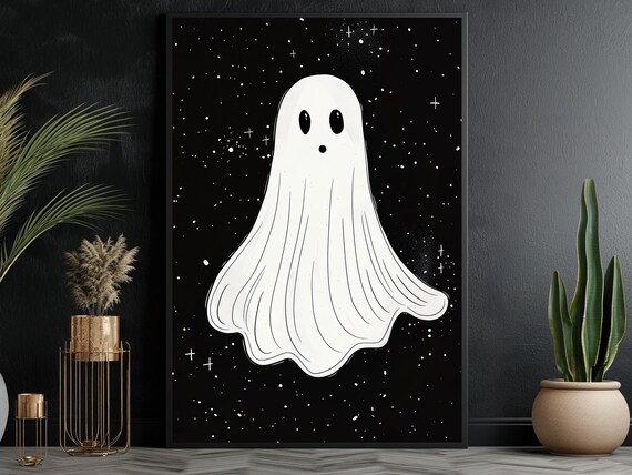 Minimalist Cute White Ghost on Black Starry Night Sky Art Poster