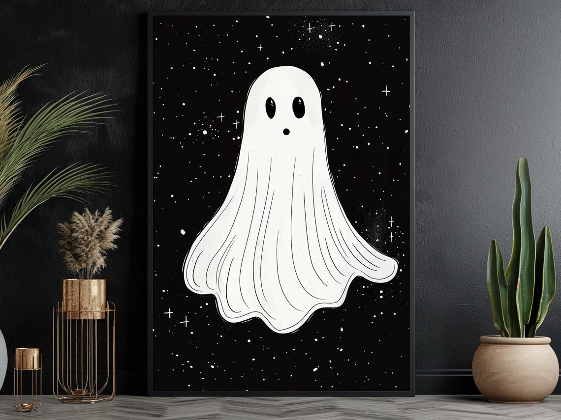 Minimalist Cute White Ghost on Black Starry Night Sky Art Poster