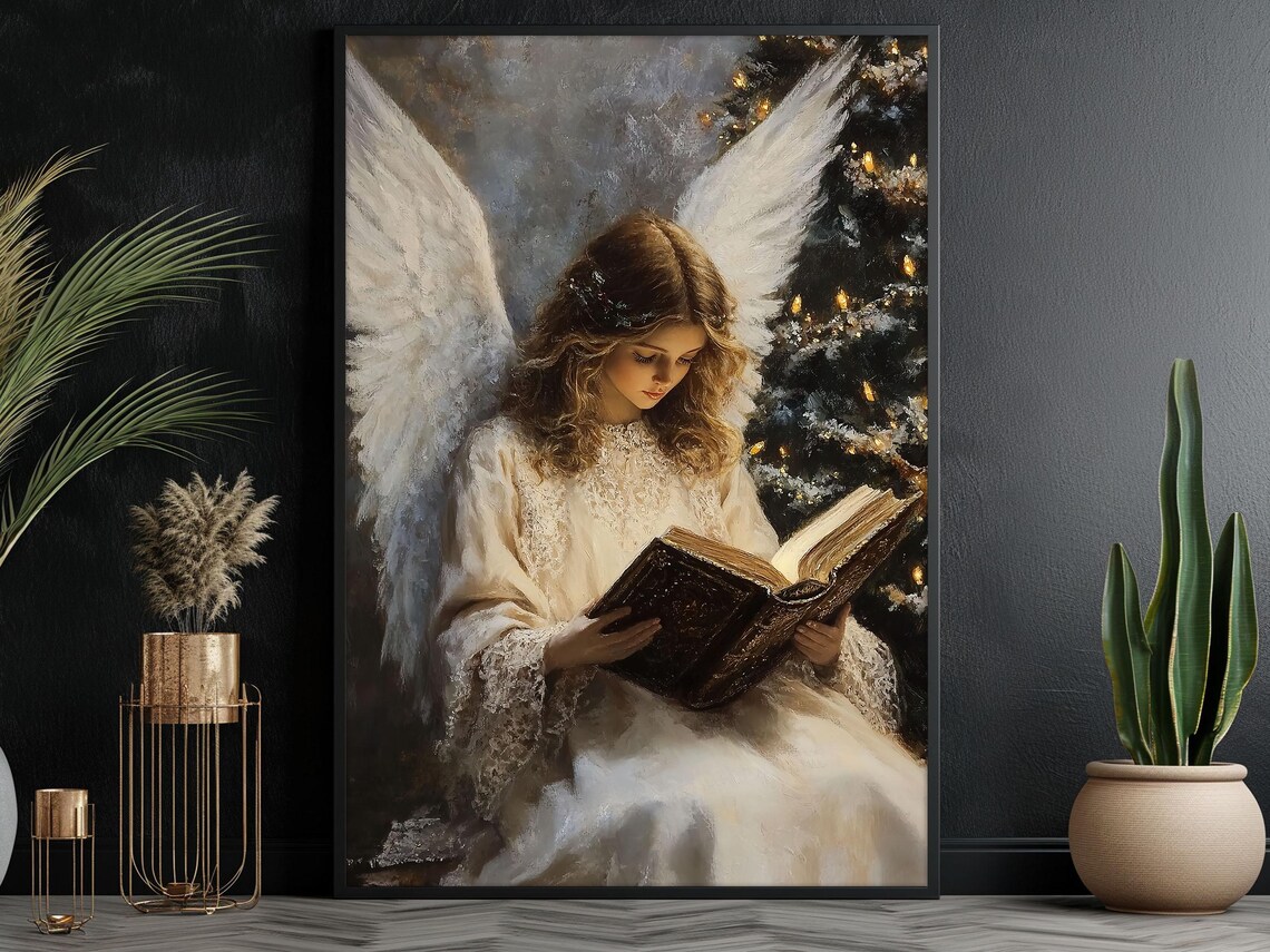 Angel Girl Reading Book Christmas Tree Lights Vintage Christian Art Painting Poster - Image 6