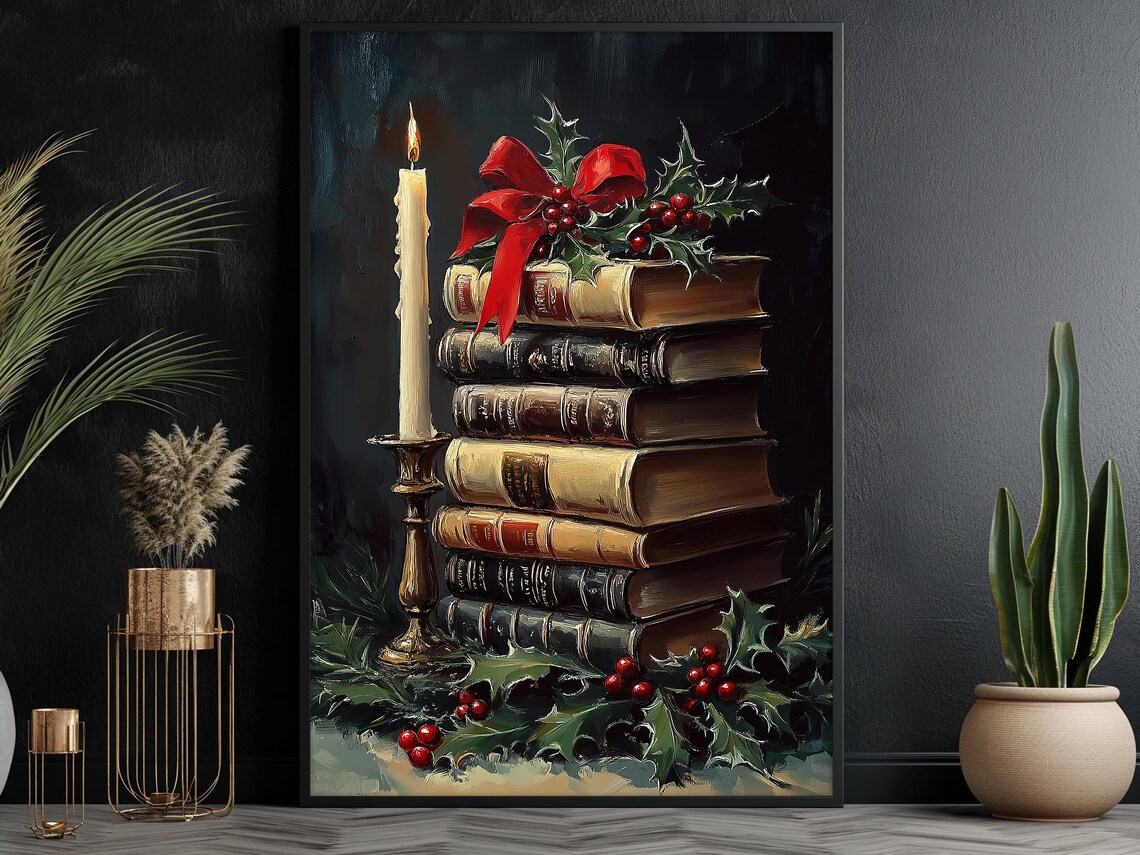 Vintage Christmas Candle and Books Poster Print