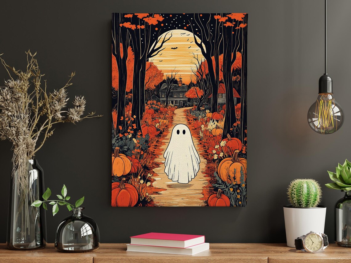 Cute Ghost Pumpkin Patch Autumn Forest Moon Vintage Halloween Illustration Poster - Image 4