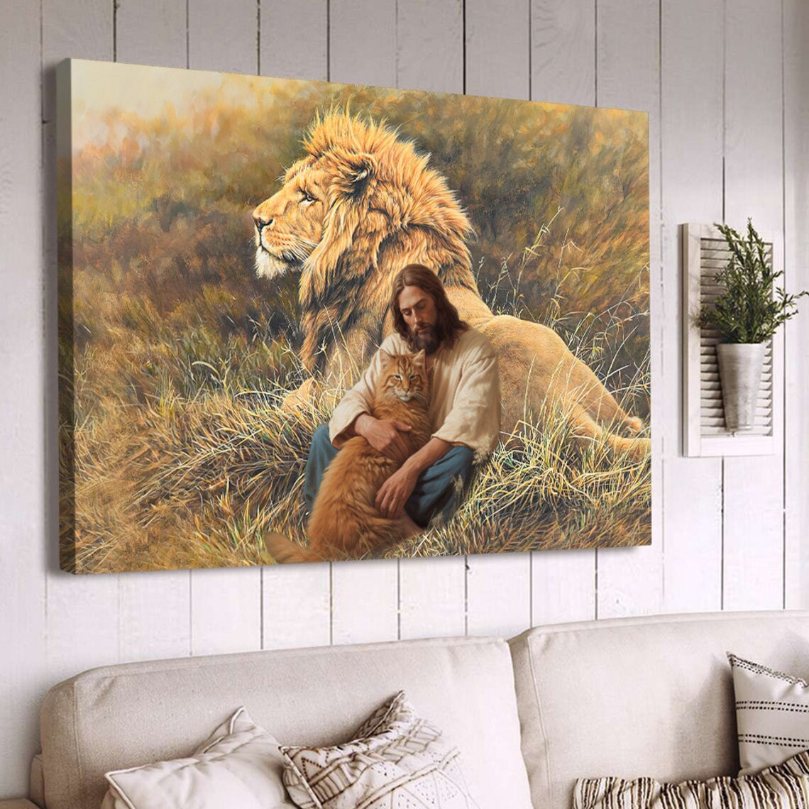Jesus Holding Cat With Lion In Golden Meadow Peaceful Christian Art Poster - Image 5