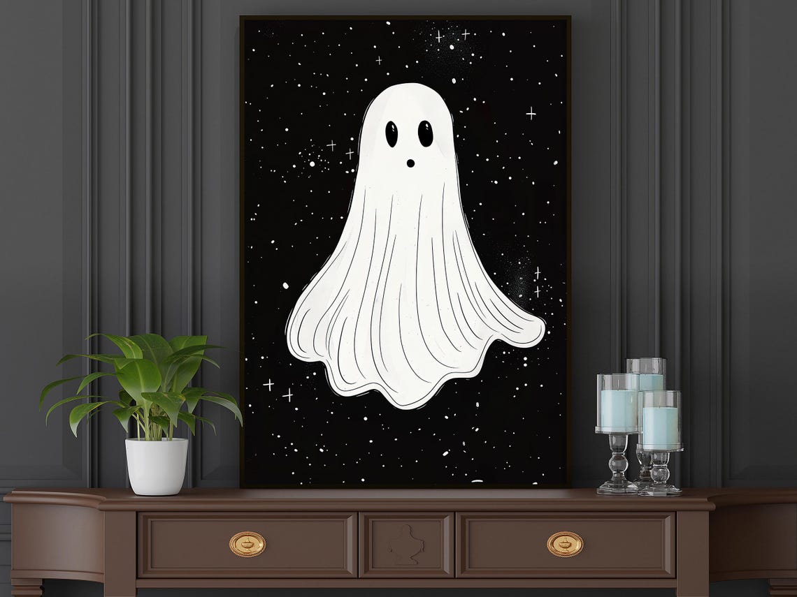 Minimalist Cute White Ghost on Black Starry Night Sky Art Poster - Image 6