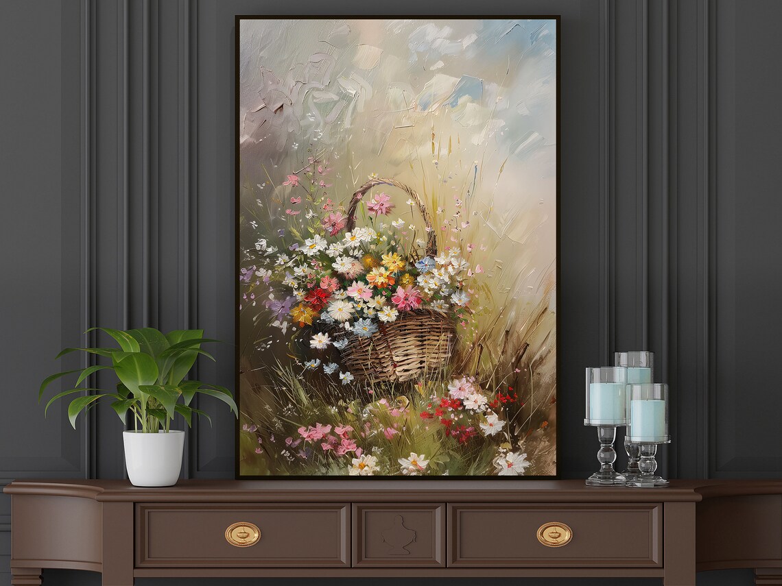 Wicker Basket Of Colorful Wildflowers Meadow Impressionist Art Poster - Image 5