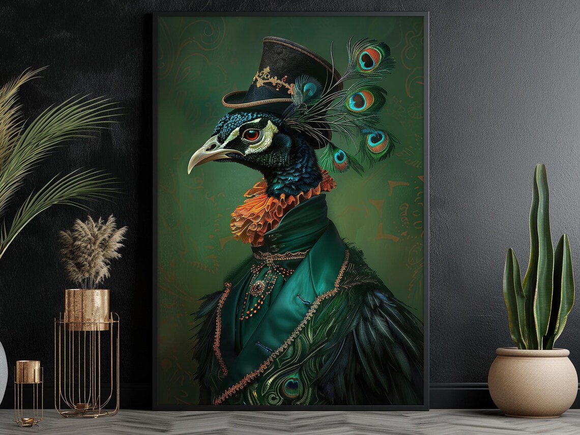 Dark Renaissance Peacock Art Print, Retro Cottage
