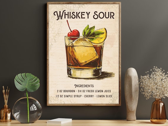 Vintage Whiskey Sour Cocktail Recipe Wall Art Bourbon Cherry Orange Poster