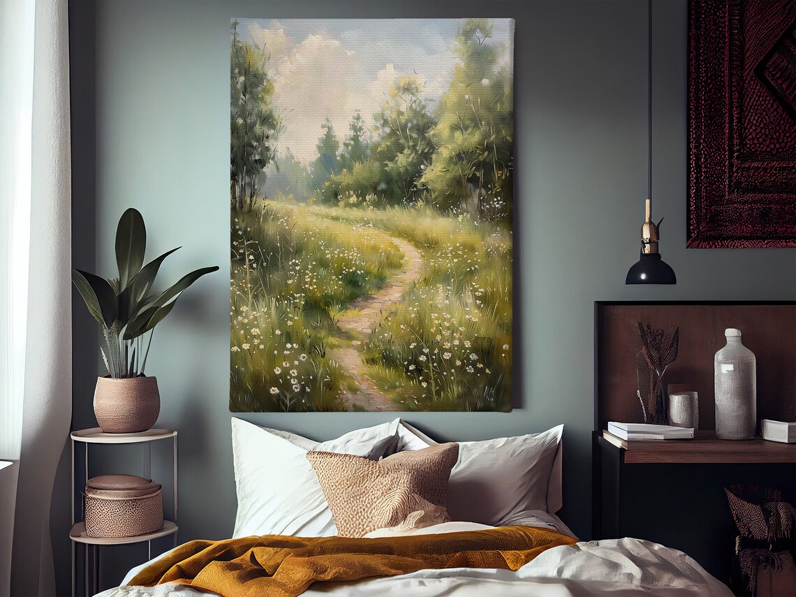 Sunlit Country Path Through Wildflower Meadow Cottage Landscape Poster - Image 2